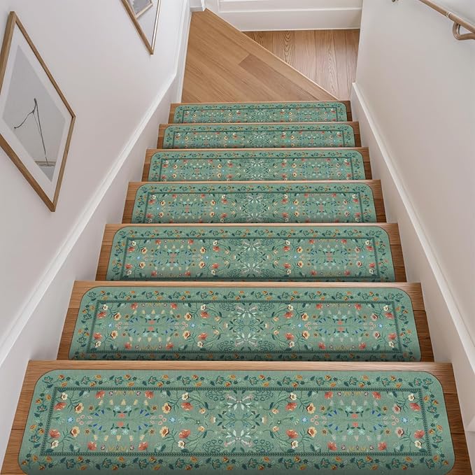 OJIA Floral Stair Treads Non-Slip Stair Runner for Wooden Steps Indoor 15PCS 30"x8" Carpet Stair Treads Stair Mats Staircase Step Treads for Kids, Elders and Dogs, Stair Covers, Green