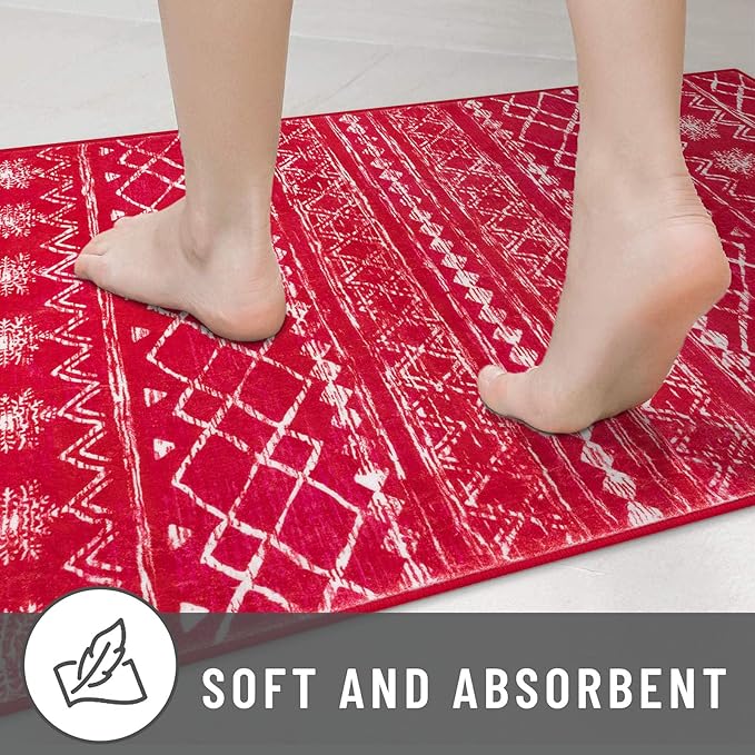 KUTA Christmas Rugs for Entryway, 2x3 Entrance Small Area Rug Red Non-Slip Washable, Ultra Soft Vintage Geometric Low-Pile Indoor Door Mat Floor Carpet for Kitchen