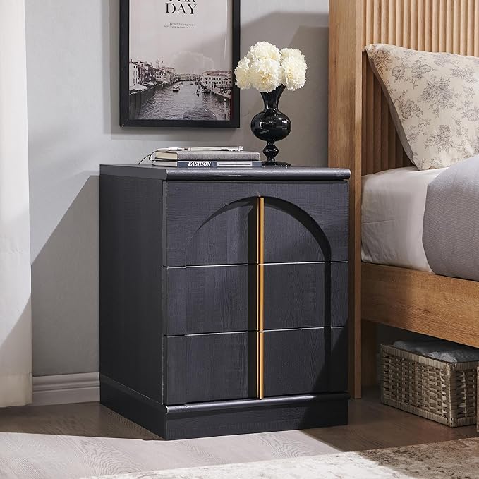 ACCOHOHO Modern Night Stand Set 2 with Arched Panel, 18" Nightstand with Charging Station, Side Table with 3 Storage Drawers, Wood Square Bedside End Table for Bedroom Living Room, Black