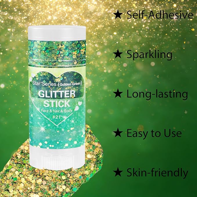 Mysense Chameleon Green Face Hair Body Glitter Stick,Mardi Gras Outfit for Women,Gold Green Glitter Makeup,St Patricks Day Accessories,Festival Party Rave Concert Sparkling Chunky Glitter