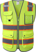 JKSafety 9 Pockets Hi-Vis Neon Yellow Zipper Front MESH Safety Vest with Fluorescent Orange Extend Edge outlining the Reflective Tapes Meet ANSI/ISEA Class 2 Standard (100 Yellow, M)