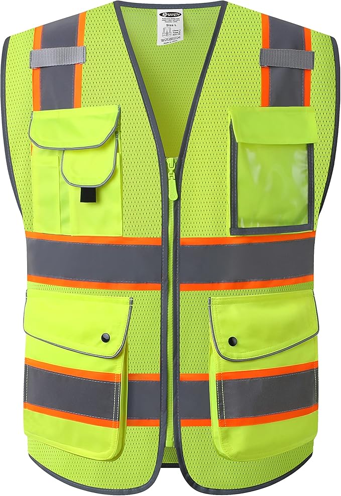 JKSafety 9 Pockets Hi-Vis Neon Yellow Zipper Front MESH Safety Vest with Fluorescent Orange Extend Edge outlining the Reflective Tapes Meet ANSI/ISEA Class 2 Standard (100-Yellow, 5XL)