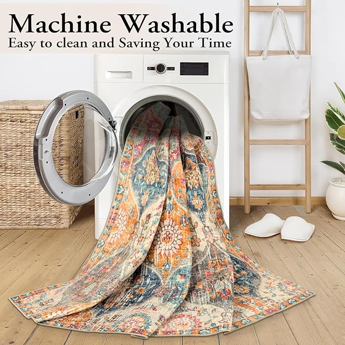 Lahome Moroccan Washable Area Rugs 8x10, 8x10 Rugs for Living Room Bedroom, Ultra-Thin Oriental Non-Slip Foldable Non Shedding Accent Large Carpet for Office Dining Room, Cream/Multi
