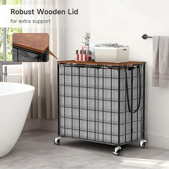 Laundry Basket with Wheels, Heavy Duty Laundry Sorter 3 Sections, 140L Large Capacity Laundry Hamper with Wood Lid, 360 Rolling Wheels, Extra Side Pocket, Leather Pull Handle (Grey)