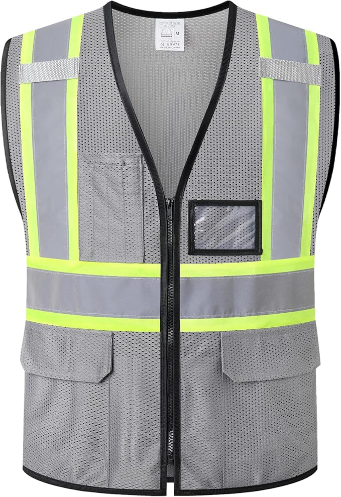 Reflective Safety Vest for Men Women Hi Vis Vest with Pockets High Visibility Vest Mesh Construction Vests Meets ANSI/ISEA Standards (Grey-33, X-Large)