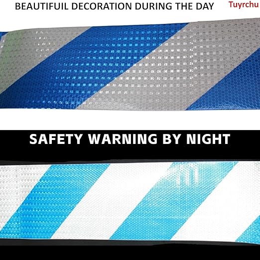 Reflective Tape Blue White 8 inch X 10 feet, Outdoor Waterproof High Visibility Hazard Conspicuity Safety Industrial Marking Tape