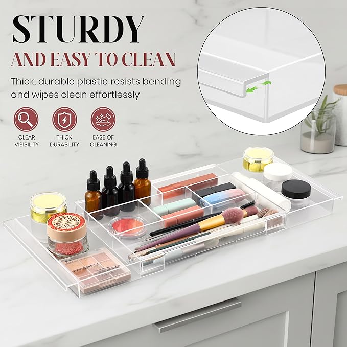 2Pack Shallow Expandable Drawer Organizer, Adjustable 12.5”–20” Clear Plastic Drawer Organizer Tray for Vanity Bathroom Desk Kitchen Drawers, Multi Compartment Storage