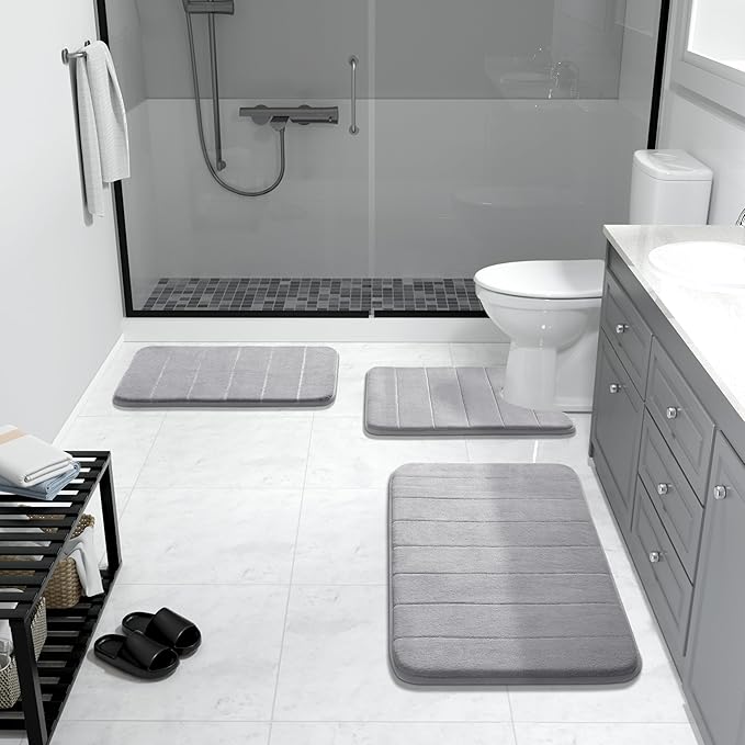 Yimobra Memory Foam Bath Mat Set 3 Pieces- Super Soft Absorbent Quick Dry Bathroom Rug Sets, Machine Washable Non Slip Floor Carpet for Tub Shower, Vanity & Toilet Base, Gray