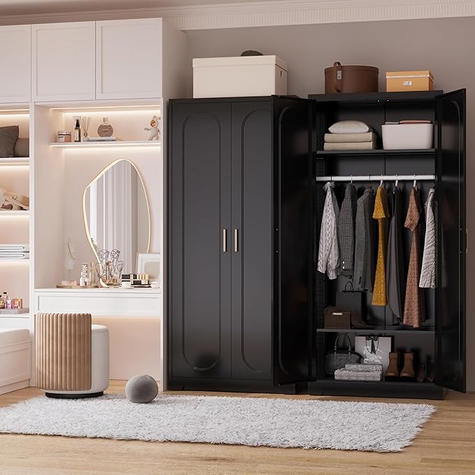 Metal Armoire Wardrobe Closet with Hanging Rod, 71" Tall Wardrobe Cabinet for Clothes, Black Clothing Storage Cabinet with Doors and Shelves, Large Wardrobes for Bedroom, Office, Employee