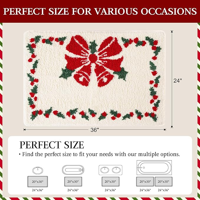 Christmas Bathroom Rug 36"x24", Extra Soft Absorbent Microfiber Thick Plush Fluffy Bathroom Rugs, Non-Slip Backing, Machine Washable Bath Rugs, Holiday Xmas Decor Indoor Bath Mats, White, Xmas Bell