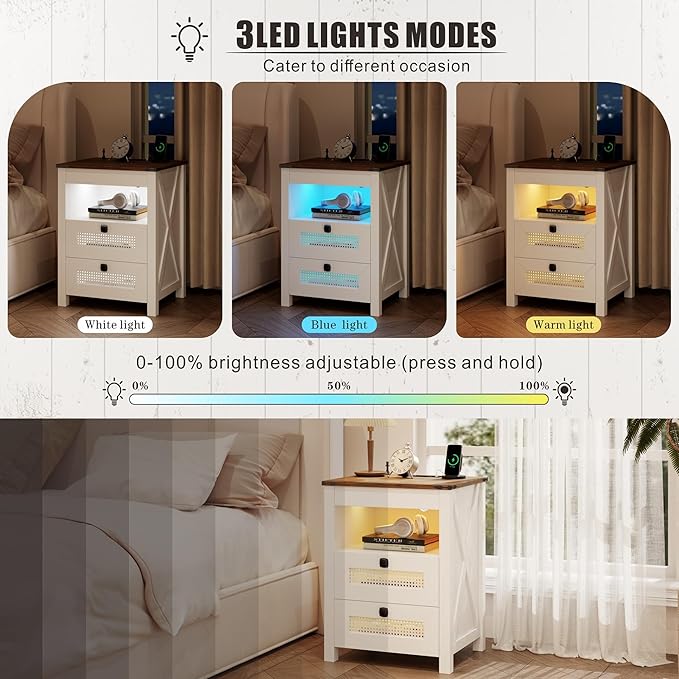 Bedside Table Set of 2 with Charging Station, Nightstand with Gun Drawer, LED Night Stand with Human Sensor Light, Farmhouse End Table for Bedroom Living Room, White