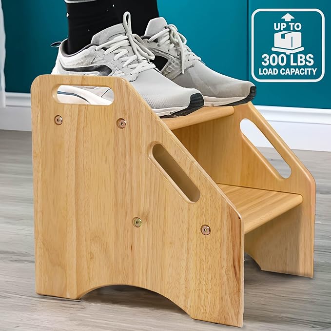 Wooden Step Stool for Toddlers and Adults, 300 lbs Capacity, Two Tier Bathroom Stool with Handles, Lightweight Non-Slip Pads, for Toilet, Sink or Kitchen Use