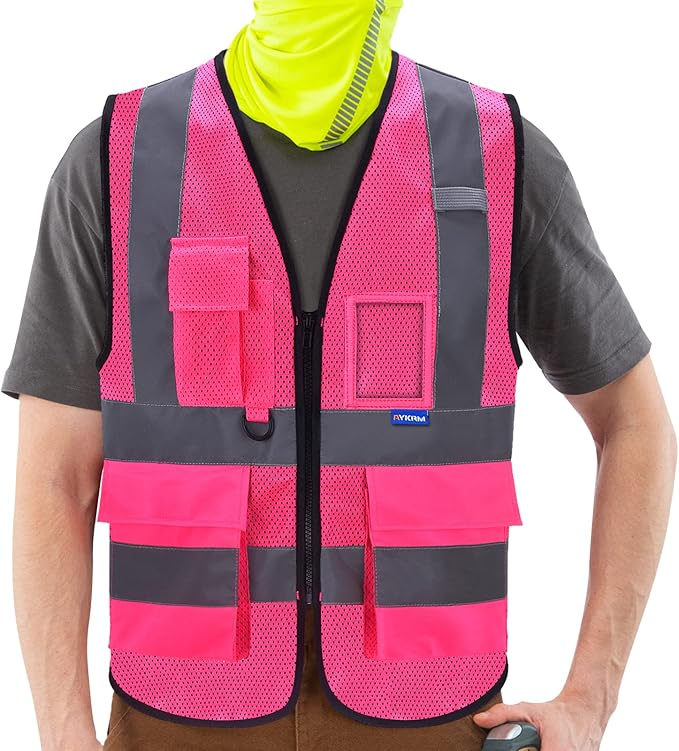 A-SAFETY High Visibility Mesh Safety Reflective Vest with Pockets and Zipper,Hi Viz Work Vest for Men Women (Pink Mesh M)