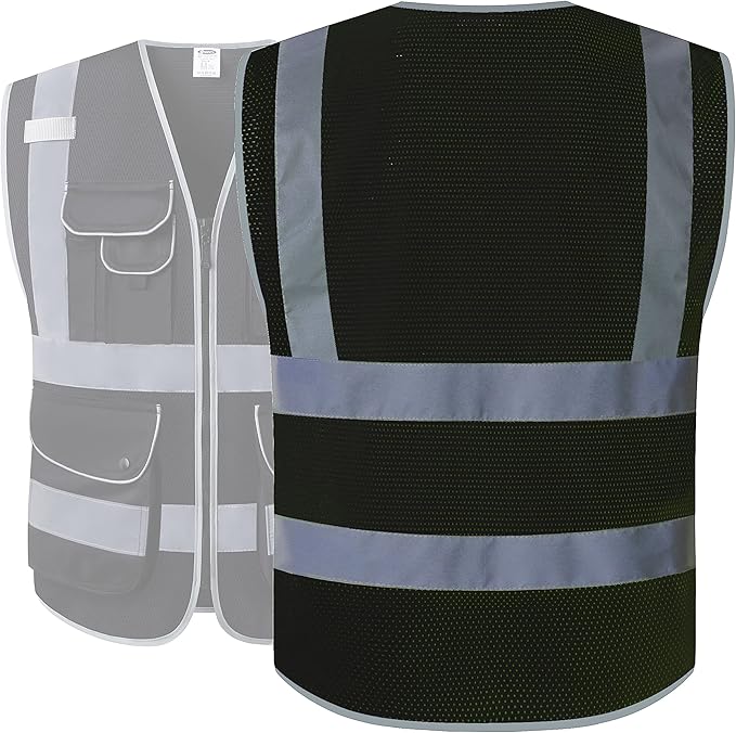 JKSafety 9 Pockets High Visibility Safety Vest for Men and Women, Hi-Vis Reflective Black Safety Vests with Zipper Front, Meet ANSI/ISEA Standards(159-Black XXL)