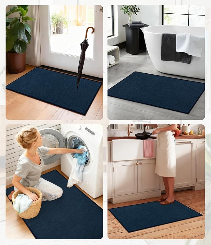 YIHOUSE Bathroom Rugs Mats Sets 5 Pieces, Ultra Thin Bath Mat Absorbent Non Slip Bath Rugs for Bathroom Washable, Shower, Sink, Laundry (Dark Blue, 5 Pieces)