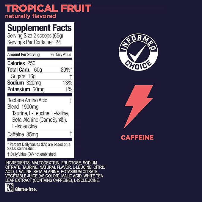 GU Energy Roctane Ultra Endurance Energy Drink Mix, Vegan, Gluten-Free, Kosher, 35mg of Caffeine, and Dairy-Free n-the-Go Energy for Any Workout, 3.44-Pound Jar, Tropical Fruit