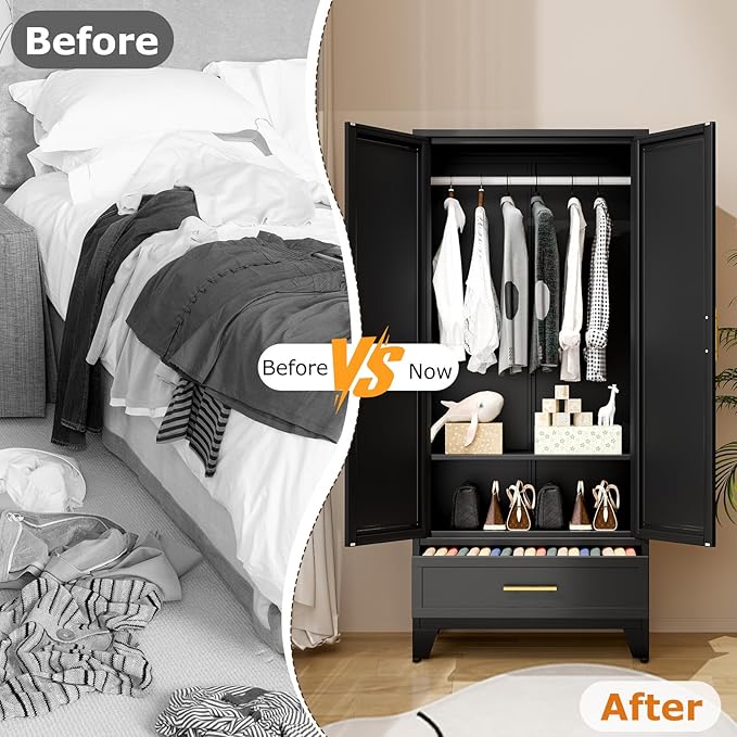 Metal Wardrobe Storage Cabinet with Mirror and Hanging Rod,71'' Metal Clothing Cabinet with 2 Doors and Drawer for Bedroom, Laundry Room, Cloak Room (Black)