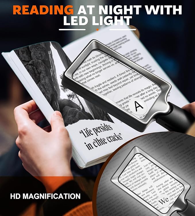 Magnifying Glass with Light - Lighted Magnifier with 20 LED, Large Handheld Magnifying Glasses Illuminated Rectangle Magnifier for Seniors Reading Low Vision Close Work Inspection (Black)