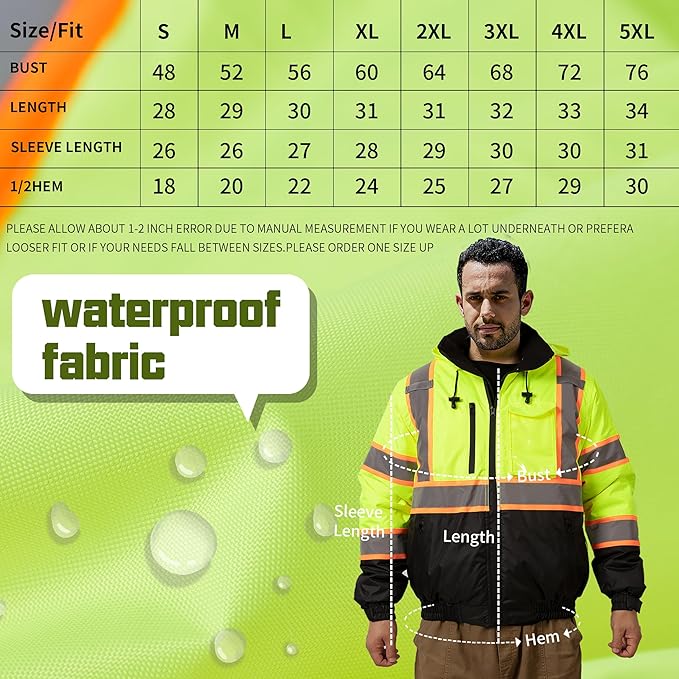 sesafety Reflective Jacket for Men, High Visibility Jackets, Safety Jackets for Men, Hi Vis Construction Bomber Jackets Waterproof with Pockets and Zipper, Black Bottom, Class 3