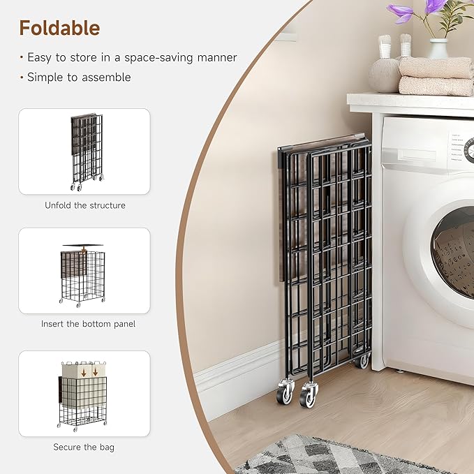 Laundry Basket with Wheels, Heavy Duty Laundry Sorter 2 Sections, Large Capacity Laundry Hamper with Wood Lid, 360 Rolling Wheels, Extra Side Pocket, Leather Pull Handle (Beige)