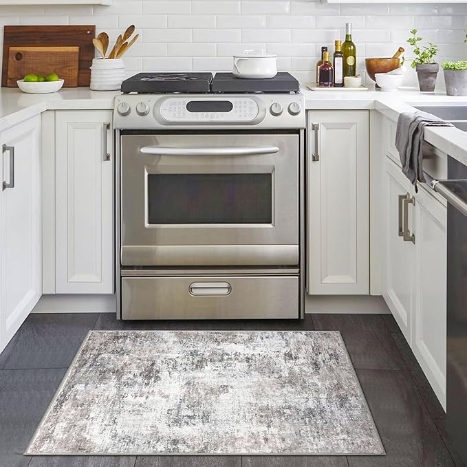 Small Abstract Area Rug 2x3 Entryway Rug Washable Door Mat Indoor Entrance, Washable Throw Rugs Non-Slip, Soft Beige Grey Kitchen Rugs Thin Print Faux Wool Floor Carpet for Foyer Front Door