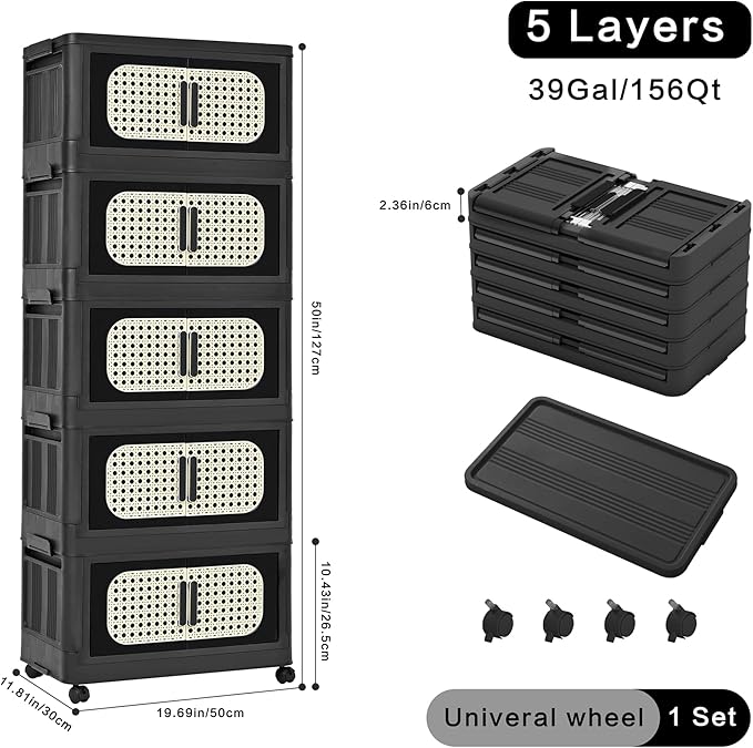 5 Tiers Folding Storage Cabinet,20" Side Wide Stackable Storage Bins with Doors and Wheels, Space Saving Plastic Cabinet for Living Room, Office, Dorm, Retro Black