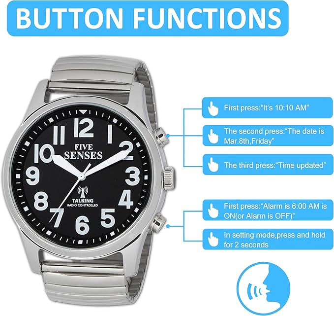 FIVE SENSES English Atomic Jumbo Size (43mm /1.75in) Metal Talking Watch with Loud Alarm Clock for Visually impaired, Elderly Person 1523 (Black)