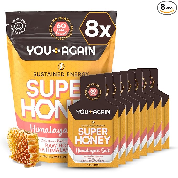 You Again Super Honey Clean Energy Gel, Honey & Himalayan Salt | Electrolyte Replenishment Running Fuel | Endurance Workouts & Cycling Gel | Paleo & Carnivore Snack | Gluten-Free | USA Made | 8-Pack
