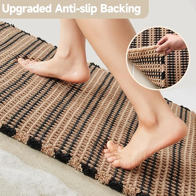 Waffle Bath Mat, Boho Bathroom Rugs Non Slip Washable Super Absorbent Quick Dry Bath Mat Farmhouse Bathroom Decor, 36"x24" Black and Khaki