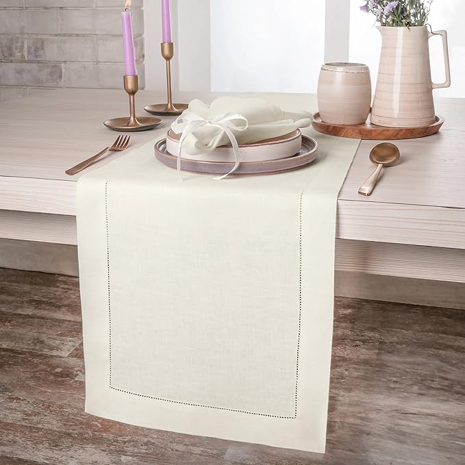 D'Moksha Homes Linen Ivory Table Runner 144 Inches Long - 100% Pure Linen Extra Long Table Runner 14 x 144 Inch for Valentines, Spring, Easter - Classic Hemstitch