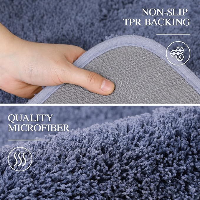Walensee Contour Rug (20x24, Blue) Non Slip Bath Mat for Bathroom Water Absorbent Soft Microfiber Shaggy Mat Machine Washable U Shape Toilet Rug