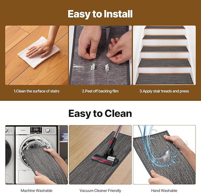 Non Slip Stair Treads for Wooden Stairs, 8" x 30" Staircase Step Treads, 100% Linen, Reusable Adhesive, Indoor, for Kids, Seniors & Dogs (Black, 15pcs)