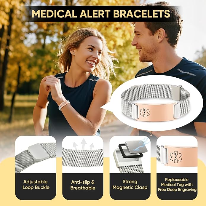 VNOX Medical Alert Id Bracelet for Men Women, Custom Engraving Adjustable Stainless Steel Customizable Mesh Emergency Survival Medic Bracelets Wristband Loop Band with Replacement Tag