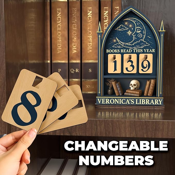Personalized Book Tracker Sign, Custom Books Read This Year Counter up to 999 Books, Moon Celestial Book Lover Gift for Readers, Librarians, Writers, Halloween Bookshelf Decor for Home Library
