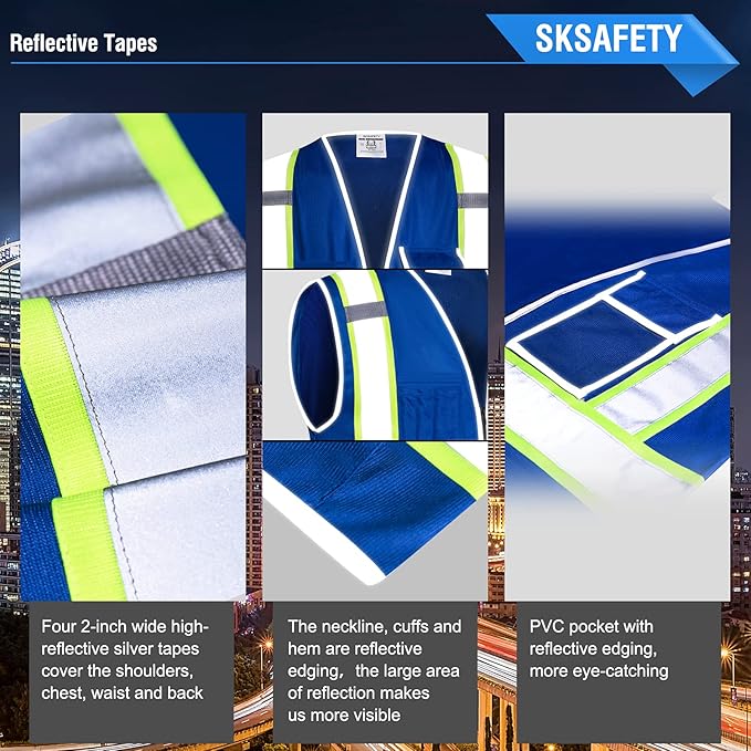 SKSAFETY 10 Pockets Safety Vest, Class 2 High Visibility Security with Zipper, Hi Vis Vest with Reflective Strips, ANSI/ISEA Standard, Construction Work Vest for Men ＆ Women （Blue, XL）