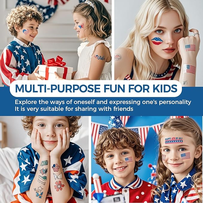 4th of July Temporary Tattoos - 80 Pcs Independence Day American Flag Red White and Blue Tattoos for Kids,Memorial Day,Labor Day,Fourth of July Party Decorations and USA Party Favors 10 Sheets