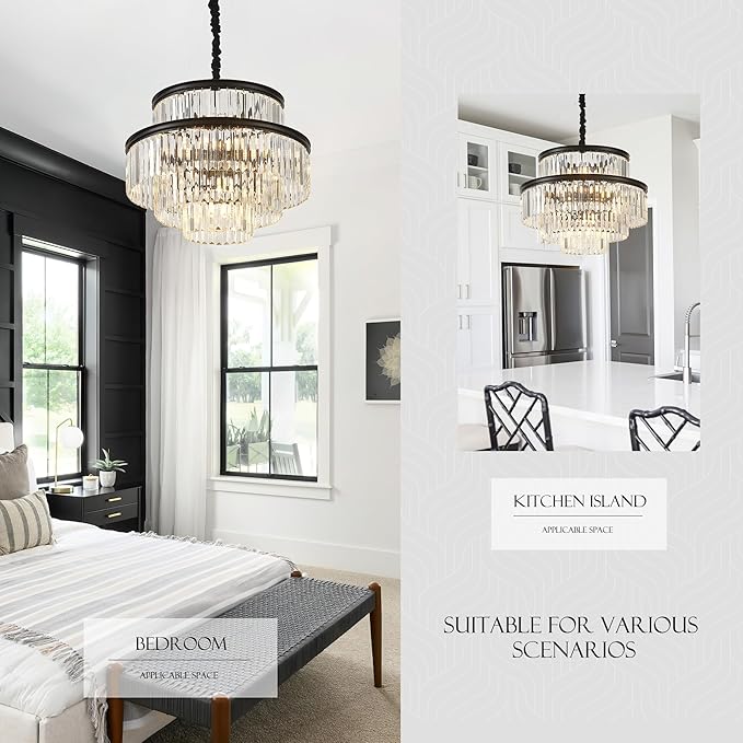 21.6" 14-Light Modern Crystal Chandelier Light Fixtures 4-Tier Black Luxury Chandeliers for Dining Room Round Hanging Pendant Lighting for Living Room Kitchen Entryway Bedroom Foyer Hallway