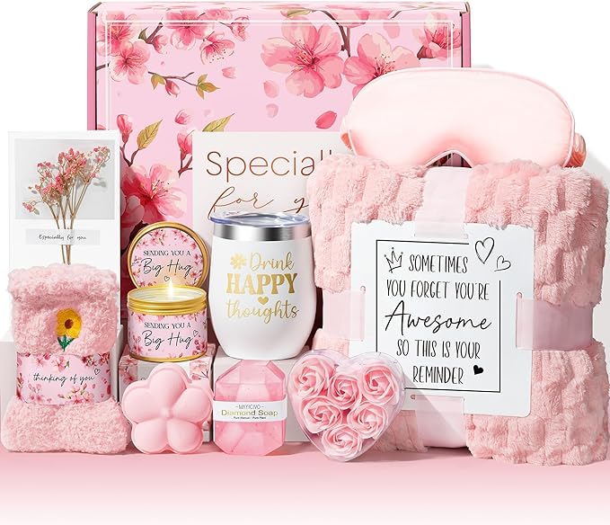 Birthday Gifts for Women Self Care Gift, Cherry Blossom Relaxing Spa Gift Baskets Bath Set Get Well Soon Care Package Valentines Day Gifts for Her Mom Women Sister Friend Wife Grandma w/ Blanket