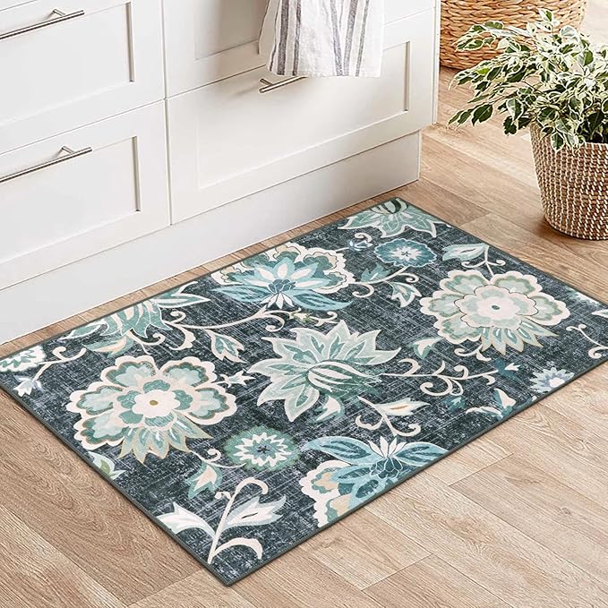 Beeiva Floral Entry Rugs for Inside House,2x3 Non Slip Washable Kitchen Rug Front Door Mat, Ultra Thin Doormat Non-Shedding Throw Carpet for Bedroom Bathroom (Blue,2'x3')