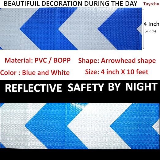 Reflective Tape Blue and White 4 inch X 10 feet, Outdoor Waterproof Hazard Conspicuity Warning Industrial Marking Tape