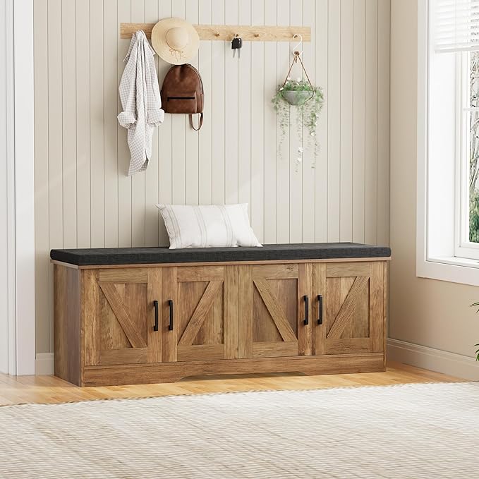 2-Tier Storage Bench, 47.2" Wide Shoe Bench with Padded Seat Cushion, Entryway Bench with 4 Barn Doors and Adjustable Shelf, Rustic Walnut