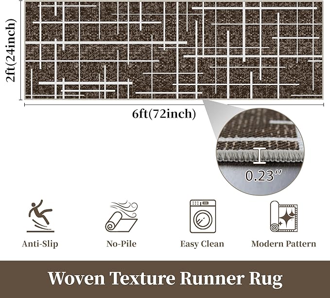 Washable Runner Rug 2x6, Brown Modern Distressed Stripe, Kitchen Runner Rug Non Slip, Woven Thin No Shed Runners for Entryway, Kitchen, Laundry Room- Brown