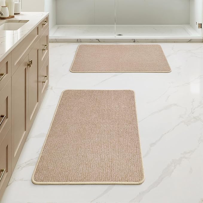 MIULEE Set of 2 Ultra Thin Bathroom Rugs, Rubber Bath Mats for Bathroom Non Slip, Quick Dry Absorbent Bath Rug Machine Washable, Fit Under Door, Shower, Sink, Home Decor, Beige, 17x27 Inch