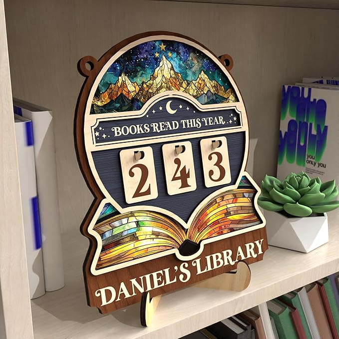 Personalized Books Read This Year Counter, Book Tracker Sign, Reading Tracking Wooden Frame, Book Lover Gift for Readers, Librarians, Writers, Bookish Decor for Home Library Bookshelf