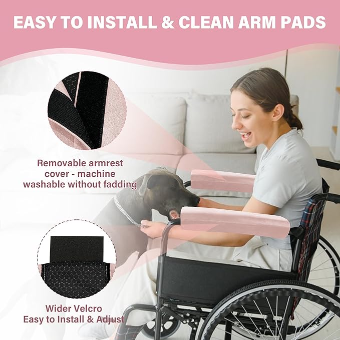 SPRING SEAON Wheelchair Armrest Covers (Pair) - Suede Velvet Memory Foam Accessories Pads for Wheelchair Arm Rest, Office Transport Chairs, Soft Support Cushion for Mobility Aids (Pink)