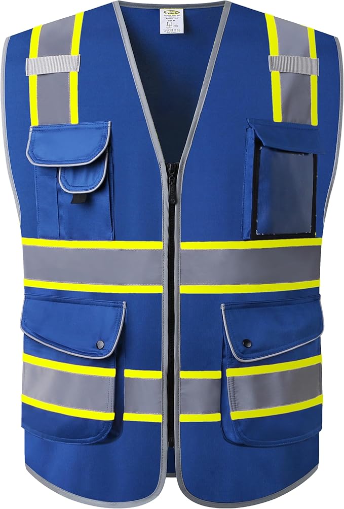 JKSafety 9 Pockets Hi-Vis Safety Vest High Visibility Reflecitive Safety Vests for Men and Women Work Utility PPE Work Gear ANSI/ISEA compliant (902-Blue 4XL)