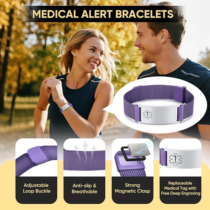 VNOX Medical Alert Id Bracelet for Men Women, Custom Engraving Adjustable Stainless Steel Customizable Mesh Emergency Survival Medic Bracelets Wristband Loop Band with Replacement Tag