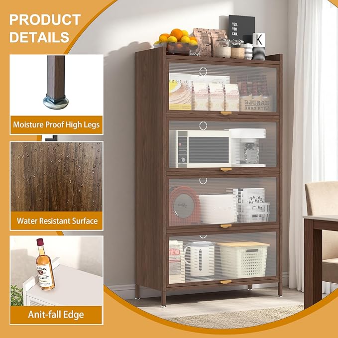 57'' Tall Metal Storage Cabinet with 4 Flip Doors, Freestanding Steel Organizer with Ample Storage Space for Bedroom Living Room Kitchen Office Entryway, Storage Organizer Walnut Finish