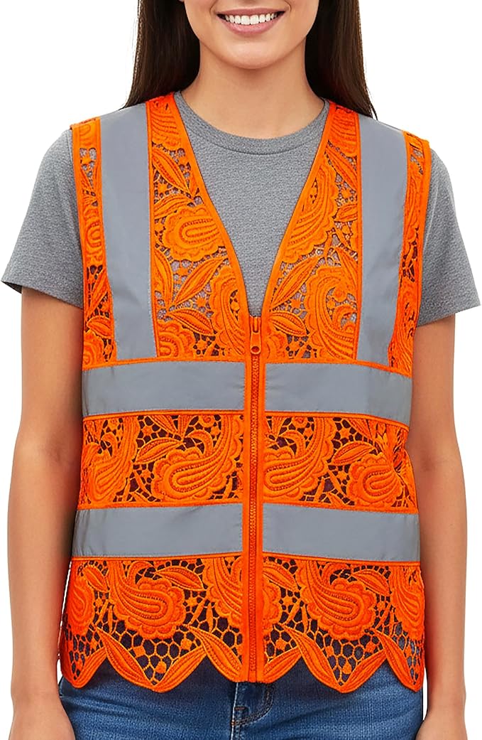 Lace-Mesh Safety Vest for Women & Men - Breathable, High Visibility Vest with Zipper & ANSI Class 2 Reflective Strips