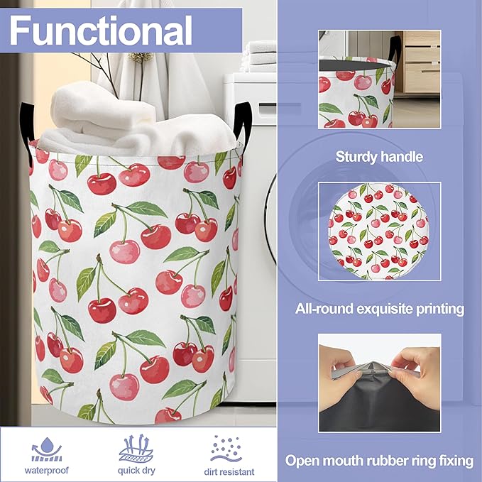 Cute Cherry Laundry Hamper Large Canvas Fabric Lightweight Storage Basket/Dirty Clothes Collapsible Waterproof for College Dorms, Boys and Girls Bedroom,Bathroom